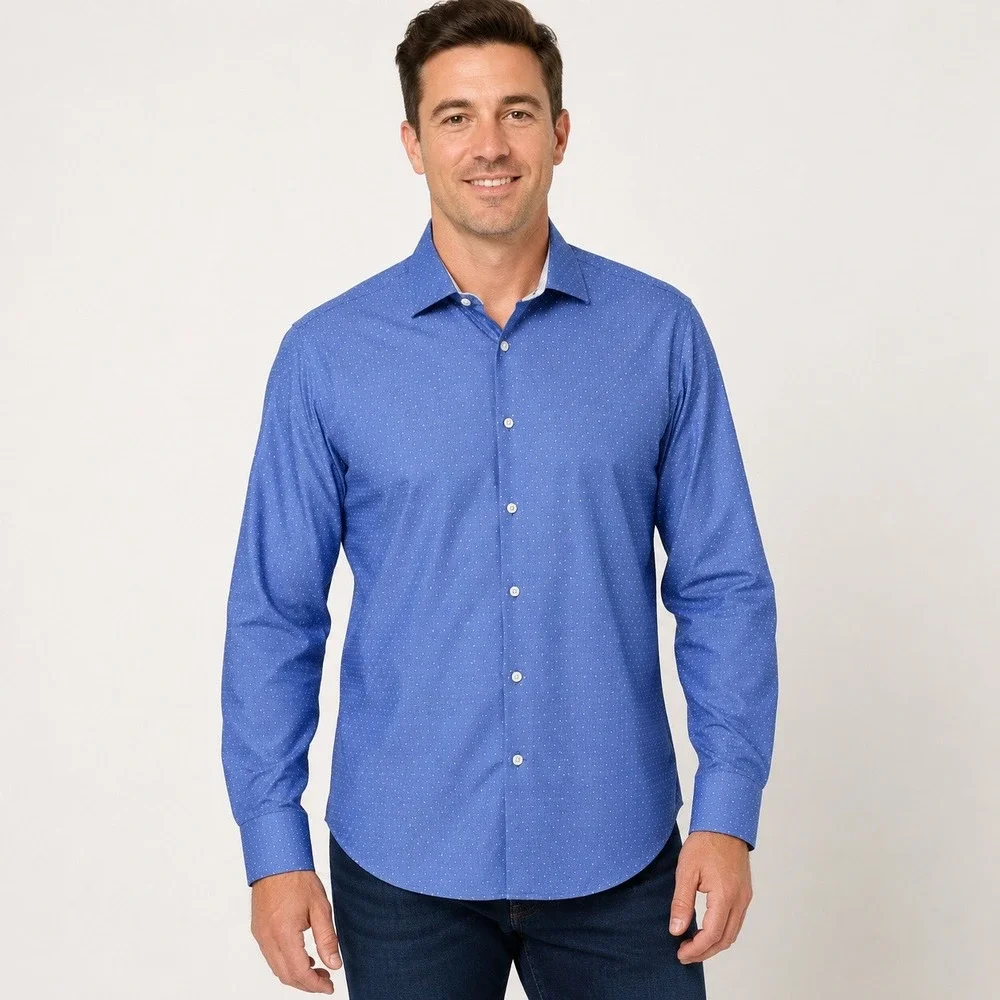 Tailorbyrd Collection‎ Mens Blue Micro Pattern Non Iron Trim Fit Shirt 26-1164